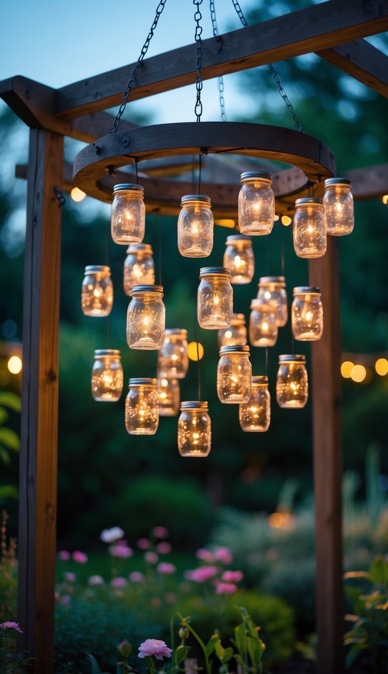 A mason jar lantern chandelier hanging outdoors above a garden with green plants and flowers.