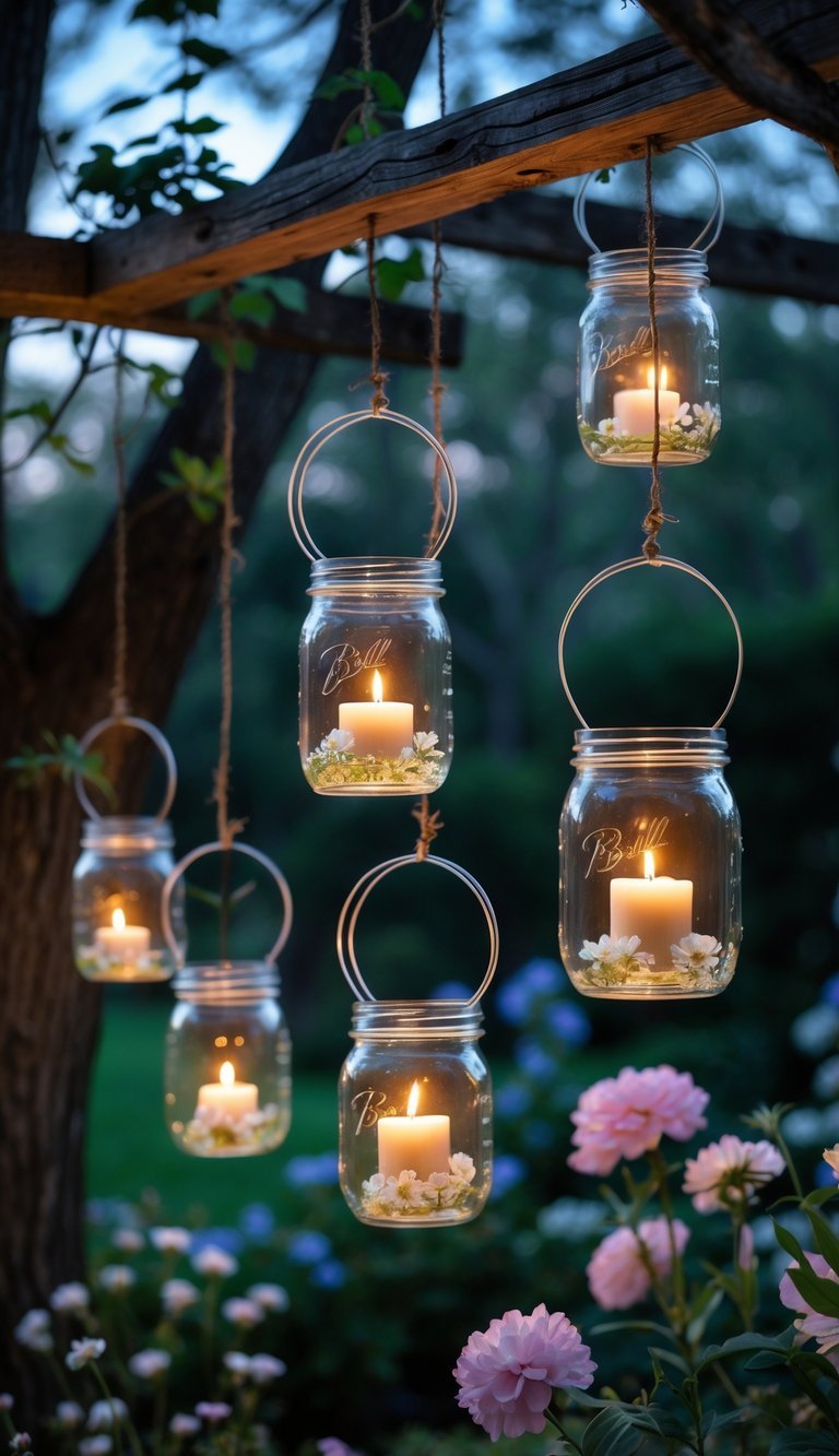 Several hanging mason jar lanterns with glowing candles suspended in a garden among green plants and flowers.