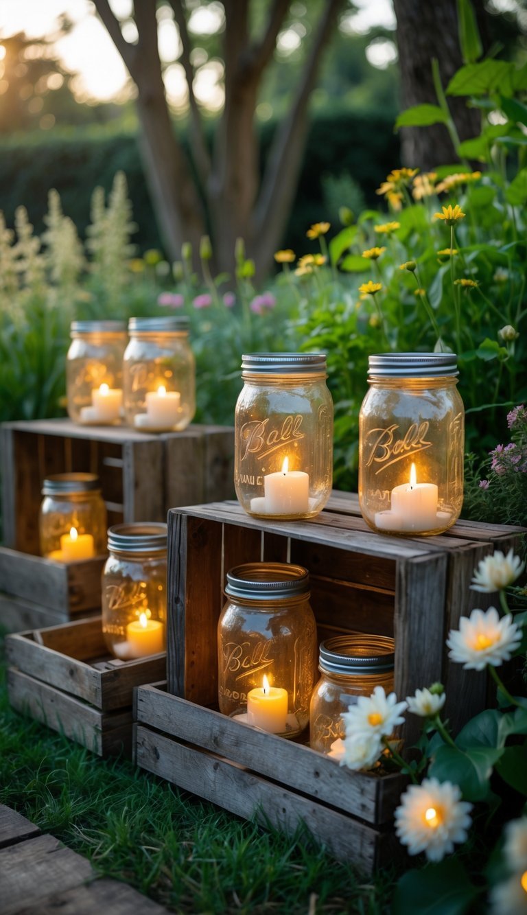 Mason jar lanterns with glowing candles inside wooden crates placed outdoors in a garden surrounded by plants.