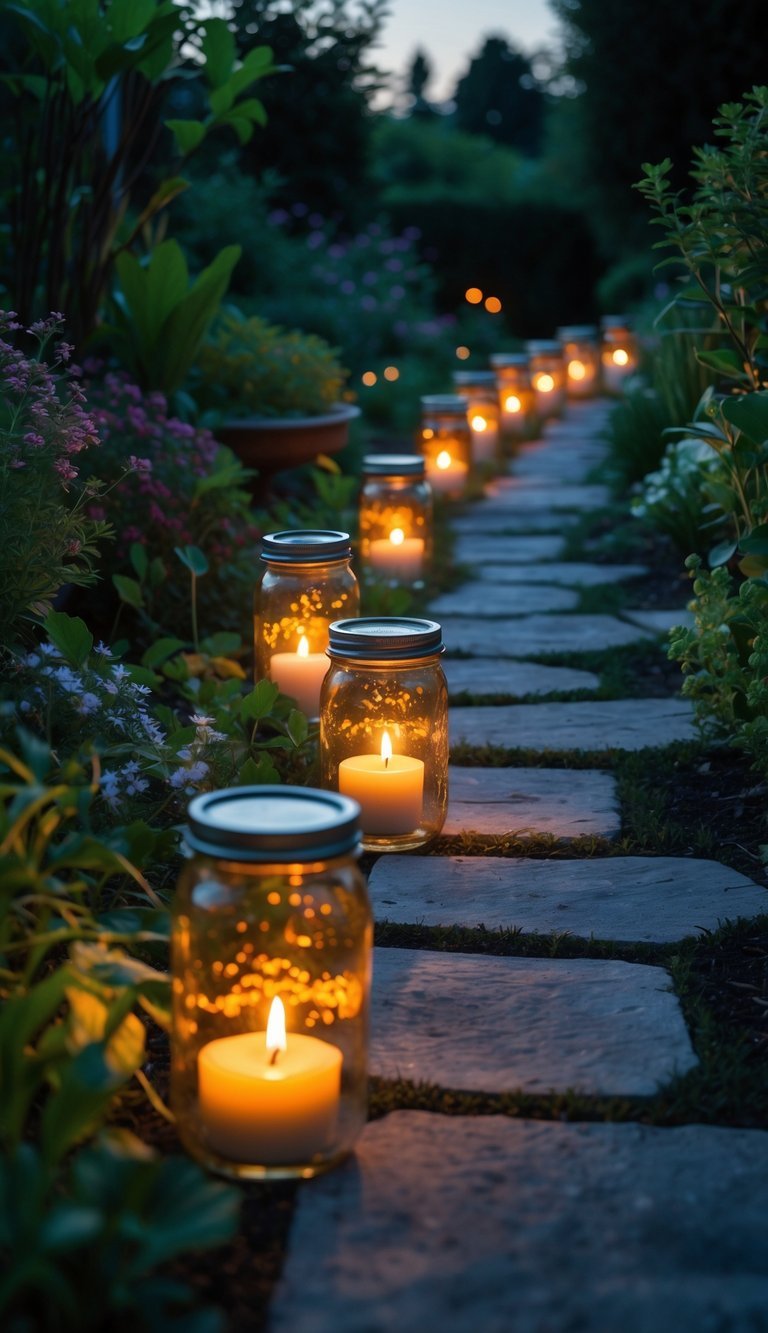 A garden path lined with mason jars containing lit candles, surrounded by plants and flowers during twilight.
