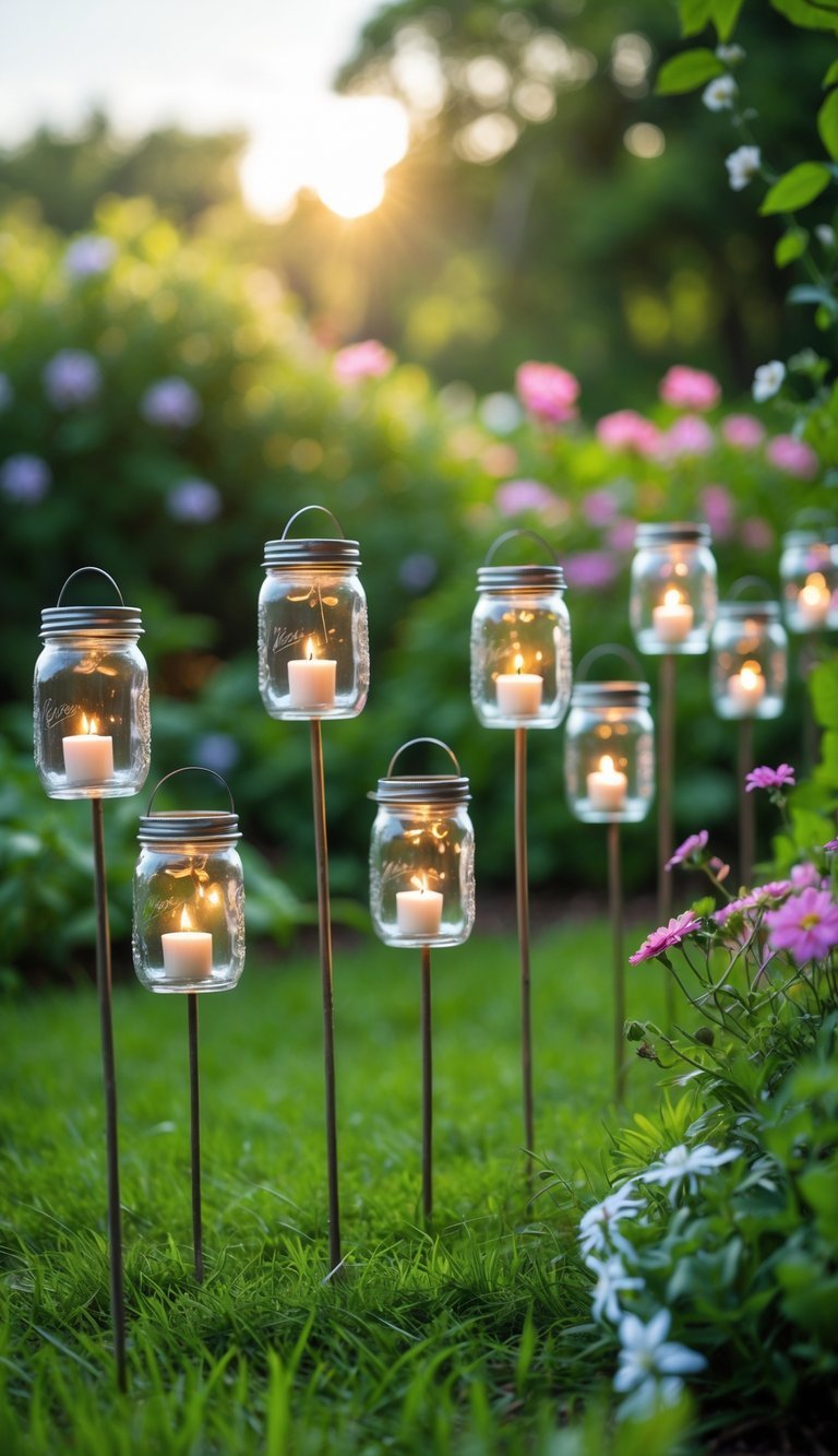 Twenty-one mini mason jar lanterns on garden stakes glowing softly among flowering plants in a green garden.