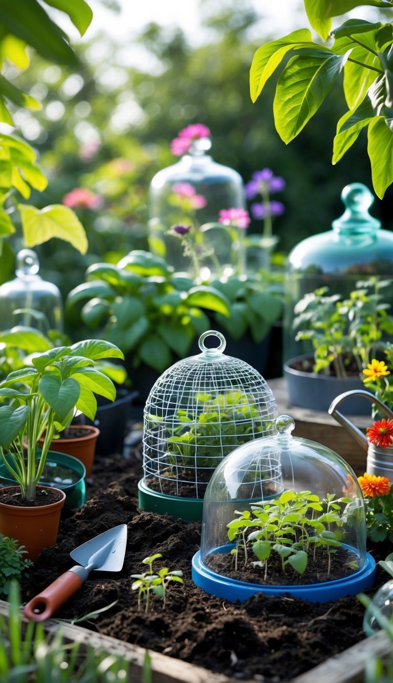 Garden Cloche Ideas: 7 Proven Ways to Boost Your US Backyard Growth 2 Various garden cloches covering young plants and seedlings in a vibrant garden with gardening tools nearby.