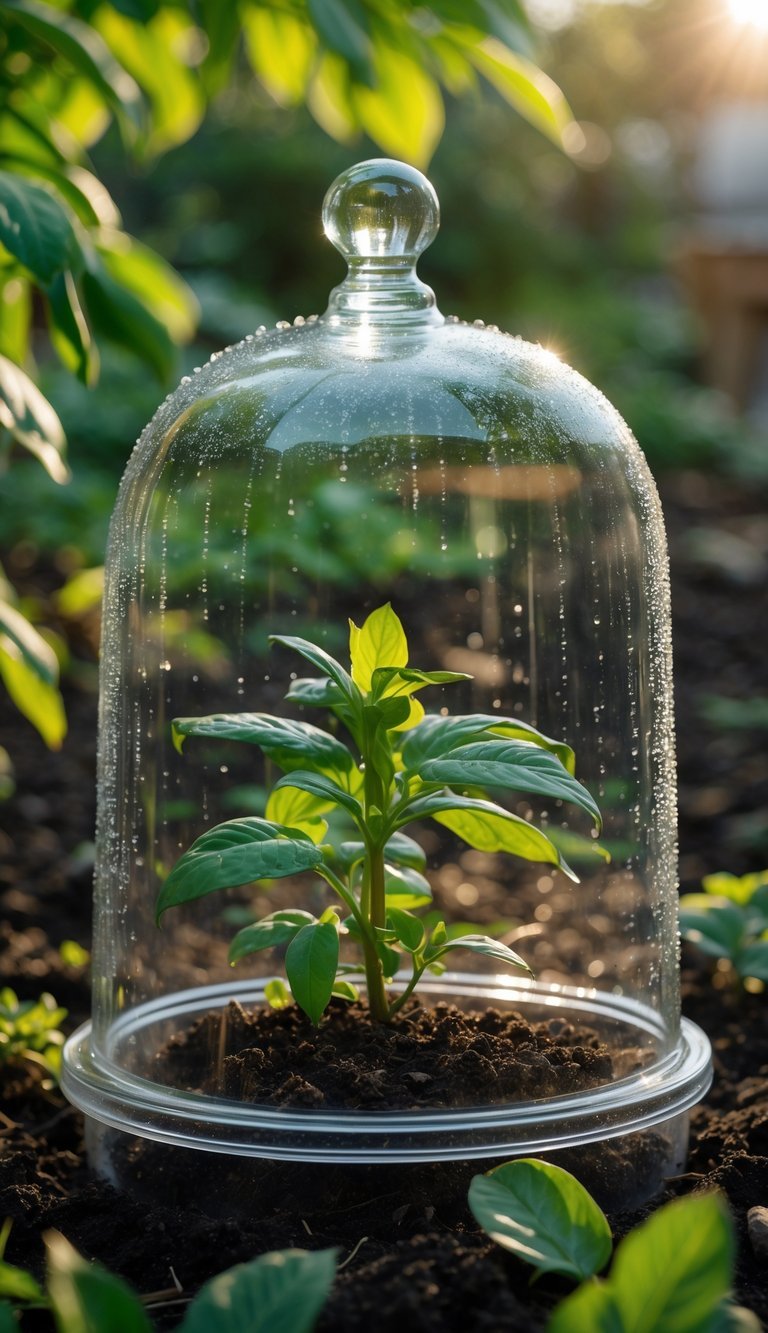 Garden Cloche Ideas: 7 Proven Ways to Boost Your US Backyard Growth 3 A glass bell jar cloche covering a small green plant in a garden with greenery and soil around it.