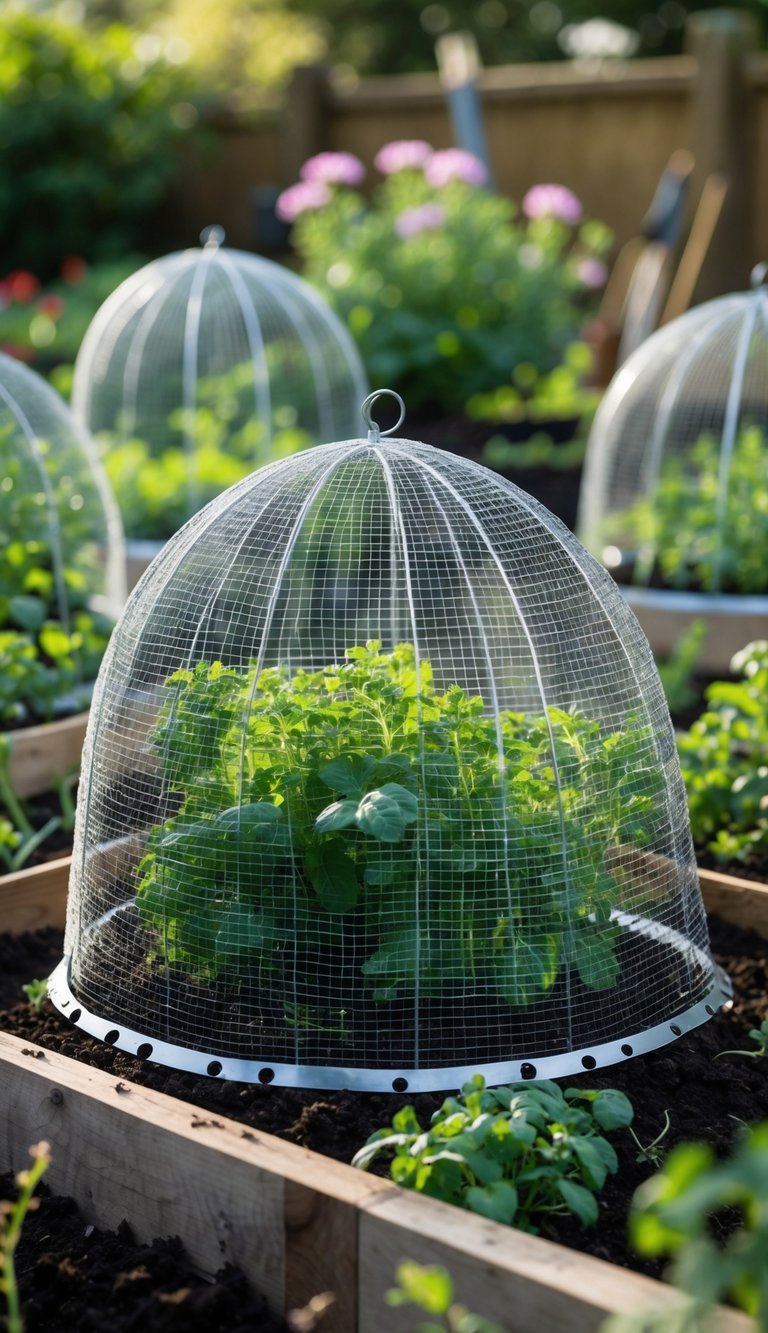 Garden Cloche Ideas: 7 Proven Ways to Boost Your US Backyard Growth 4 Wire mesh cloches covering young plants in a garden bed with green foliage and a wooden frame.