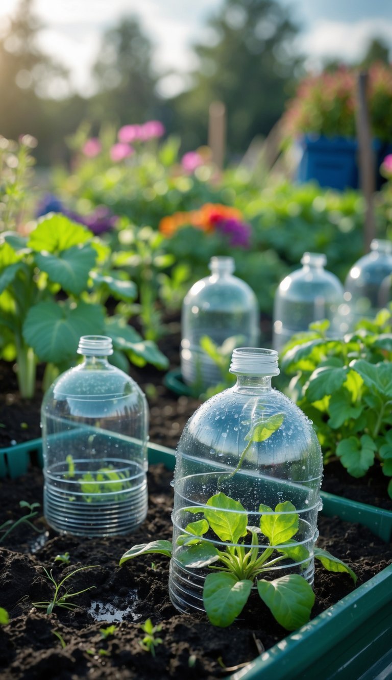 Garden Cloche Ideas: 7 Proven Ways to Boost Your US Backyard Growth 5 A garden bed with young plants protected by clear cloches made from recycled plastic bottles under natural sunlight.