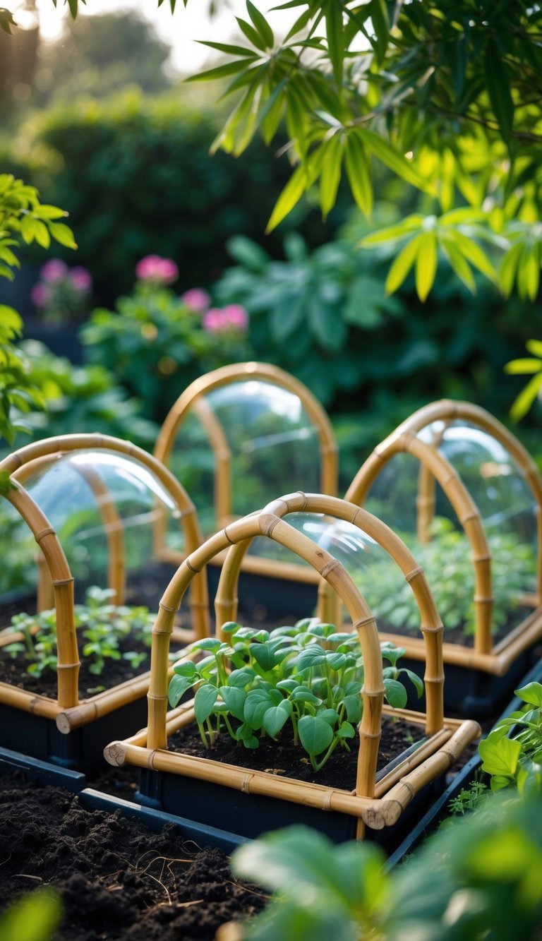 Garden Cloche Ideas: 7 Proven Ways to Boost Your US Backyard Growth 6 Four bamboo frame cloches covering young plants in a garden with green foliage in the background.