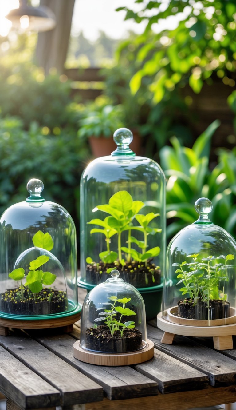 Garden Cloche Ideas: 7 Proven Ways to Boost Your US Backyard Growth 7 Five mini greenhouse cloches covering small plants on a wooden garden table with green foliage in the background.