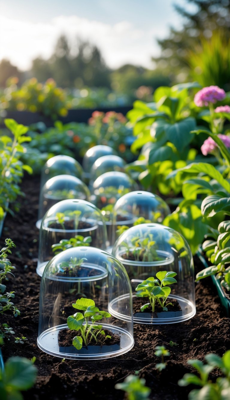 Garden Cloche Ideas: 7 Proven Ways to Boost Your US Backyard Growth 8 Six dome-shaped clear acrylic garden cloches covering small plants in a sunny garden with green plants and soil around them.