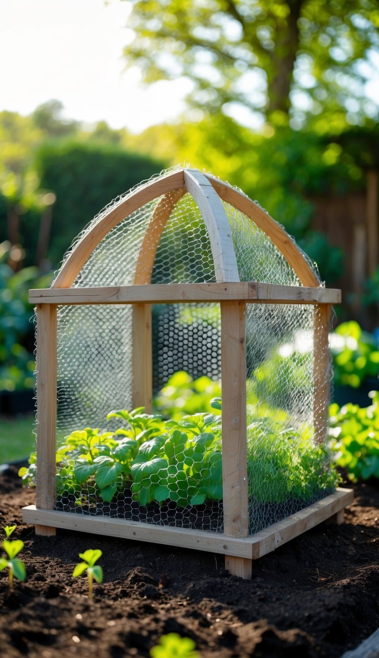 Garden Cloche Ideas: 7 Proven Ways to Boost Your US Backyard Growth 9 A garden cloche made of chicken wire and wood frame covering young plants in soil with greenery in the background.