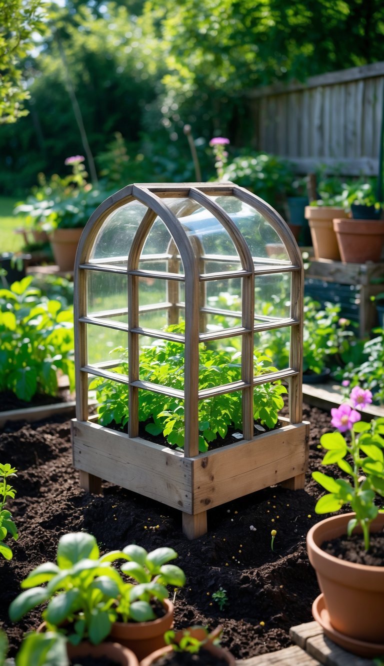 Garden Cloche Ideas: 7 Proven Ways to Boost Your US Backyard Growth 10 An upcycled wooden window panel used as a garden cloche covering young plants in a sunlit garden bed surrounded by gardening tools and flowers.