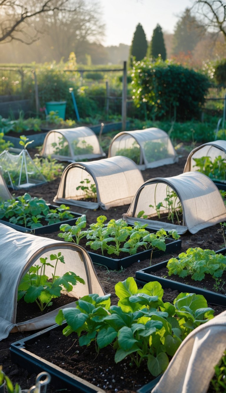 Garden Cloche Ideas: 7 Proven Ways to Boost Your US Backyard Growth 11 Nine fabric garden cloches covering young plants in a well-kept garden during early morning.