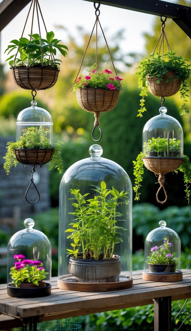Garden Cloche Ideas: 7 Proven Ways to Boost Your US Backyard Growth 12 Ten hanging baskets in a garden, each covered with a transparent cloche protecting various plants and flowers.