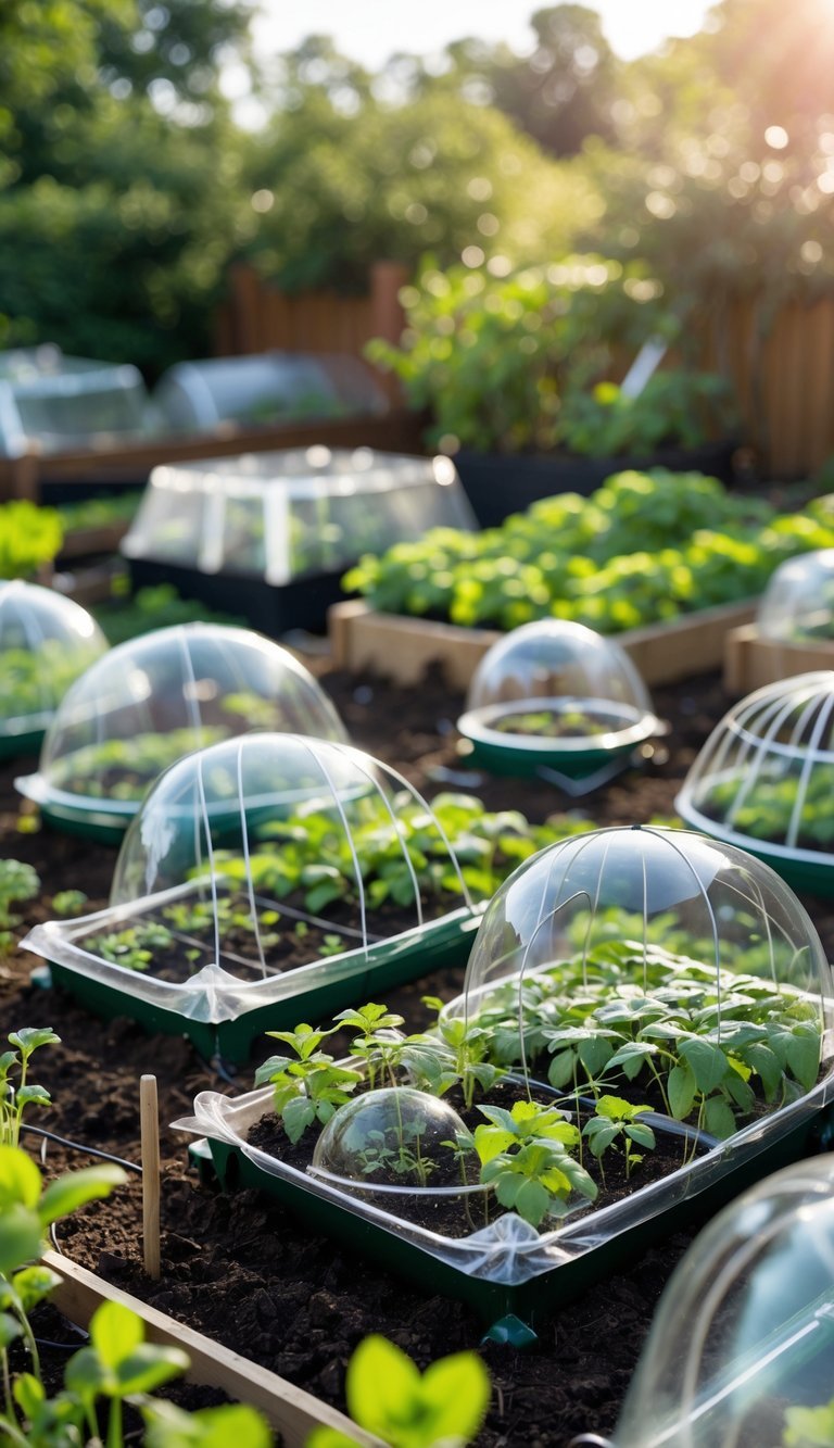Garden Cloche Ideas: 7 Proven Ways to Boost Your US Backyard Growth 13 Several small garden beds with young plants covered by transparent plastic cloches supported by hoops in an outdoor garden.
