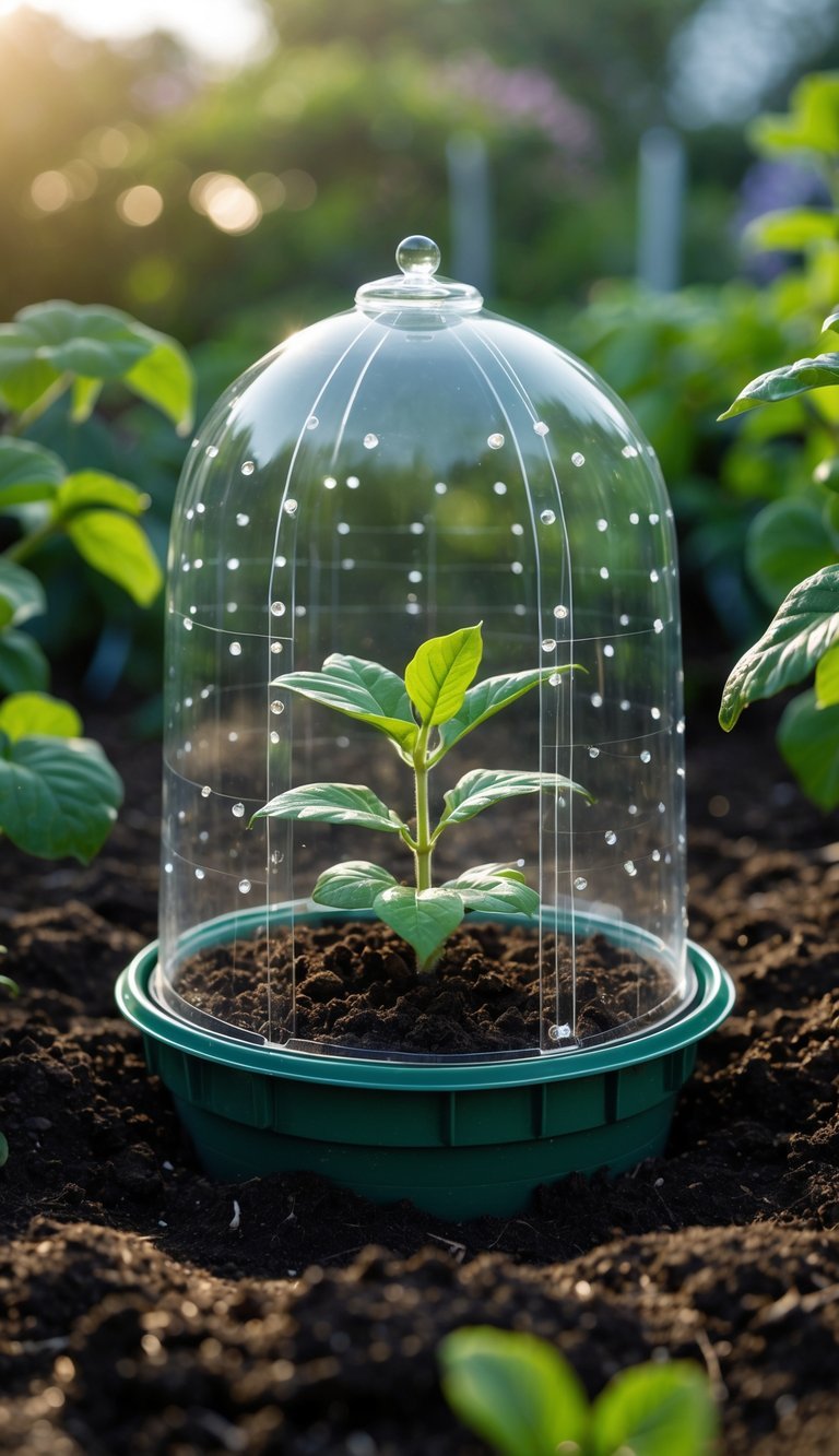 Garden Cloche Ideas: 7 Proven Ways to Boost Your US Backyard Growth 14 A glass garden cloche with ventilation holes covering a young plant in a garden bed surrounded by soil and other plants.