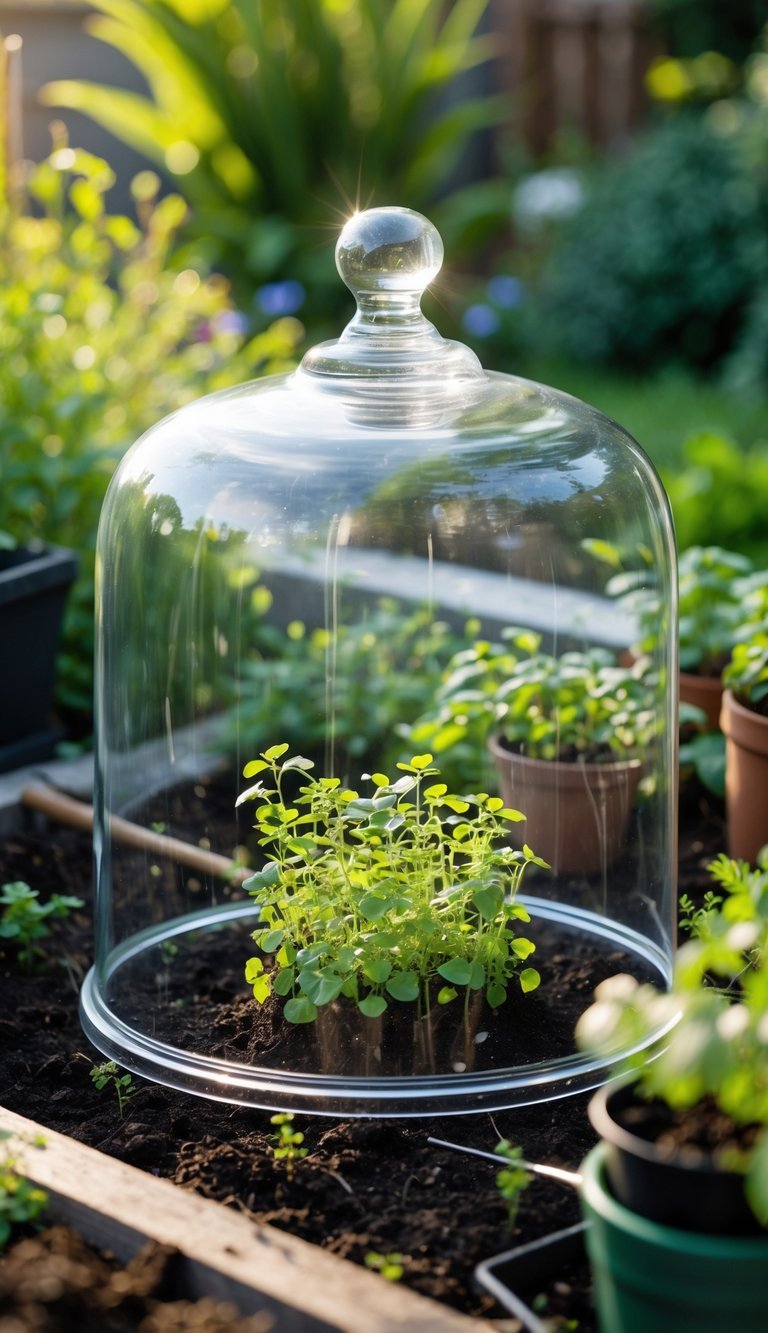 Garden Cloche Ideas: 7 Proven Ways to Boost Your US Backyard Growth 15 A clear glass cake cover inverted over young plants in a garden bed surrounded by gardening tools and plants.