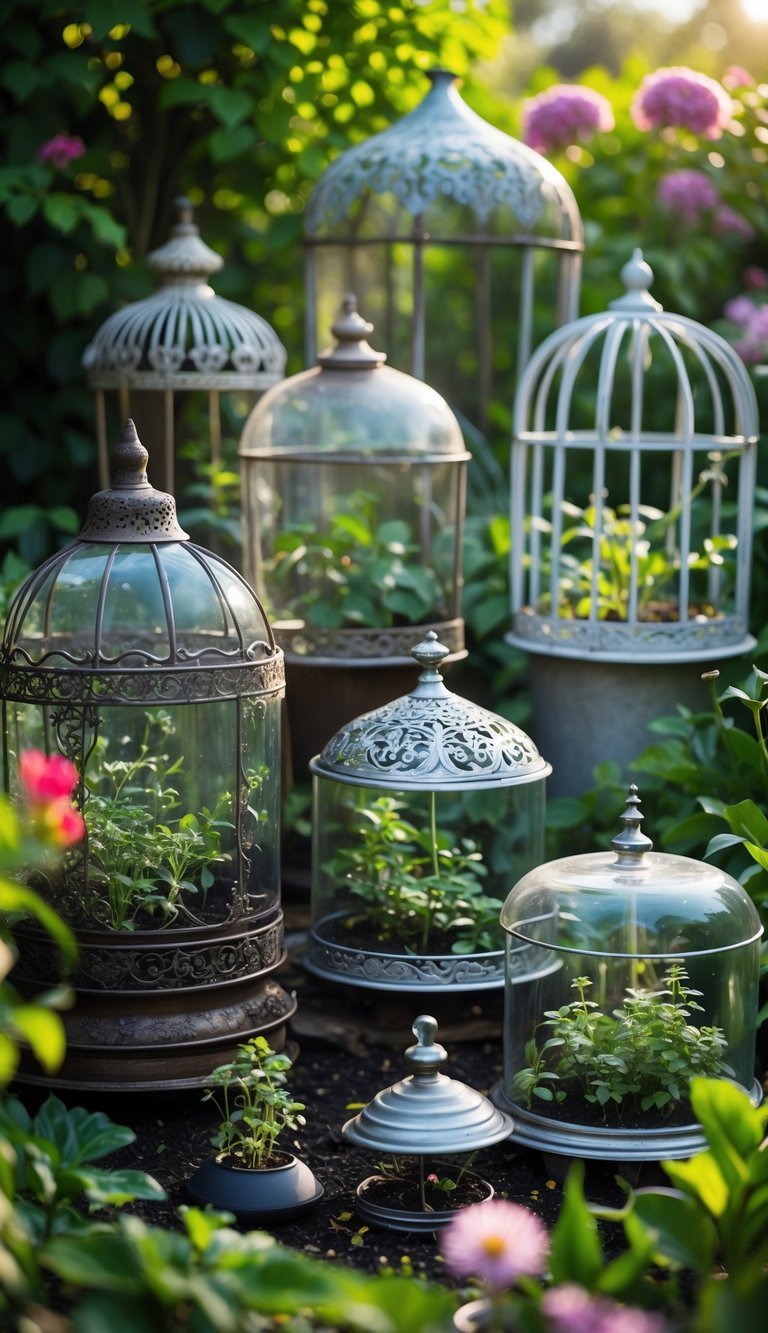 Garden Cloche Ideas: 7 Proven Ways to Boost Your US Backyard Growth 17 A garden scene with 15 decorative metal cloches placed over plants and seedlings surrounded by green foliage and flowers.