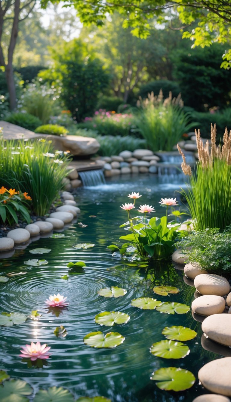 Water Garden Ideas: 12 Stunning Designs to Transform Your Outdoor Space in the US 2 A peaceful water garden with a clear pond, water lilies, surrounding plants, stones, and small waterfalls under sunlight.