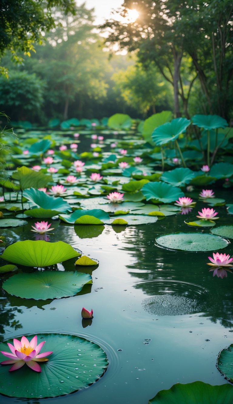 Water Garden Ideas: 12 Stunning Designs to Transform Your Outdoor Space in the US 3 A calm pond with floating pink and white lotus flowers and green lily pads surrounded by greenery and sunlight.