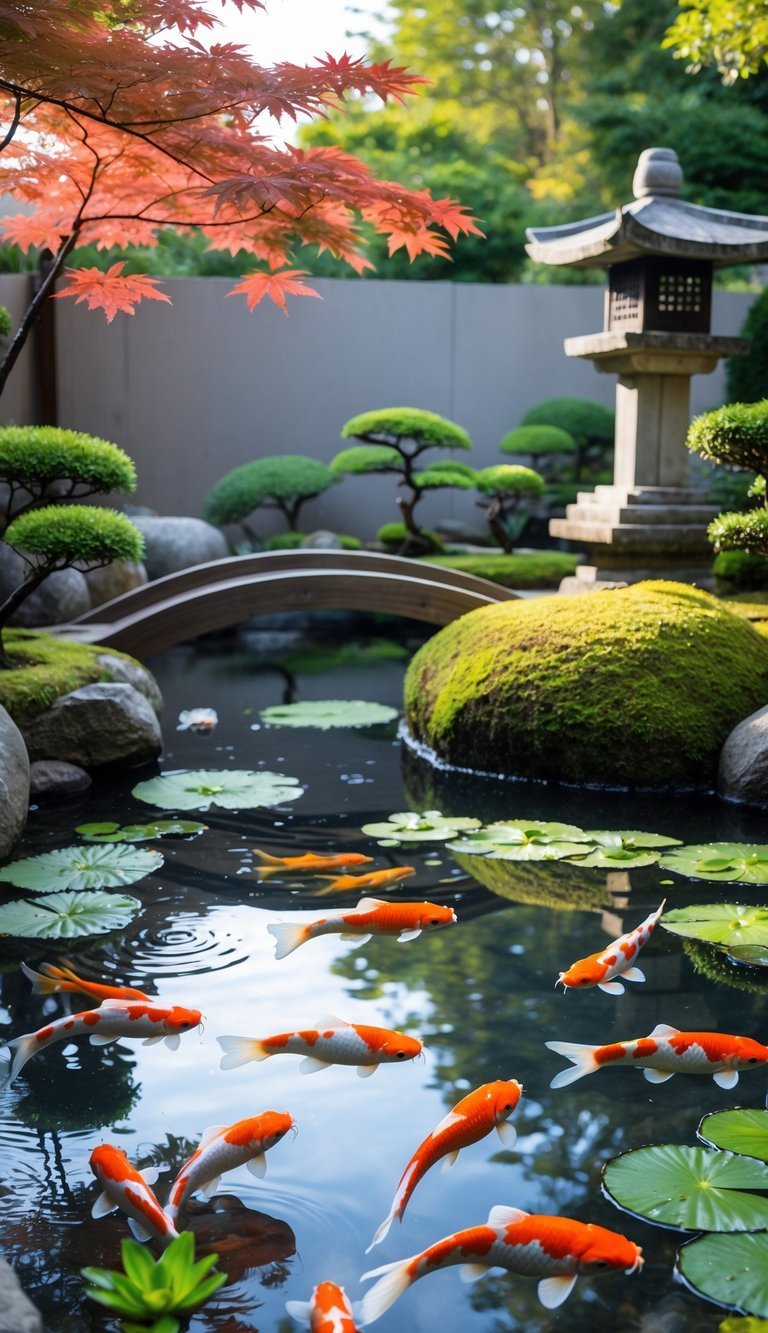 Water Garden Ideas: 12 Stunning Designs to Transform Your Outdoor Space in the US 4 A peaceful Japanese koi pond with colorful koi fish swimming among stones, water lilies, and surrounding greenery including bonsai trees and a wooden bridge.