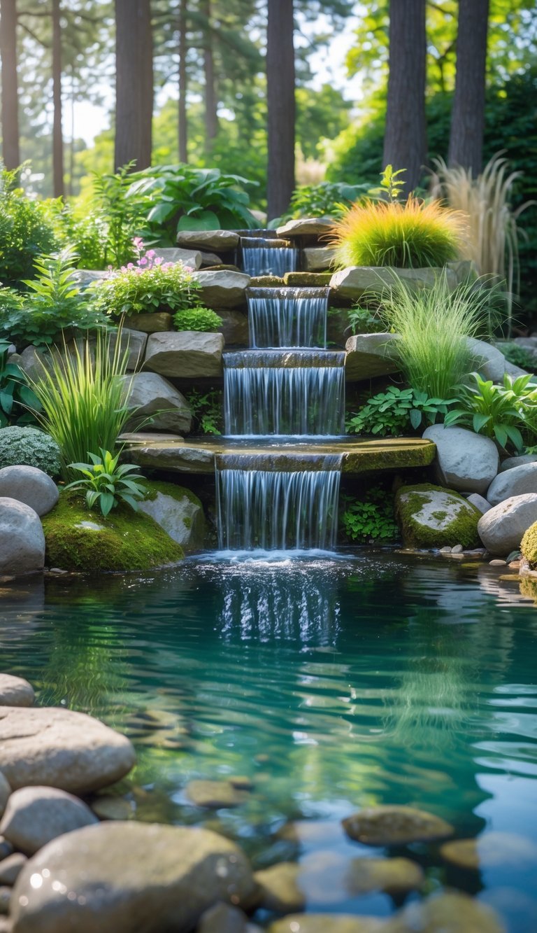 Water Garden Ideas: 12 Stunning Designs to Transform Your Outdoor Space in the US 5 A peaceful garden with a stone waterfall flowing into a clear pond surrounded by green plants and rocks.