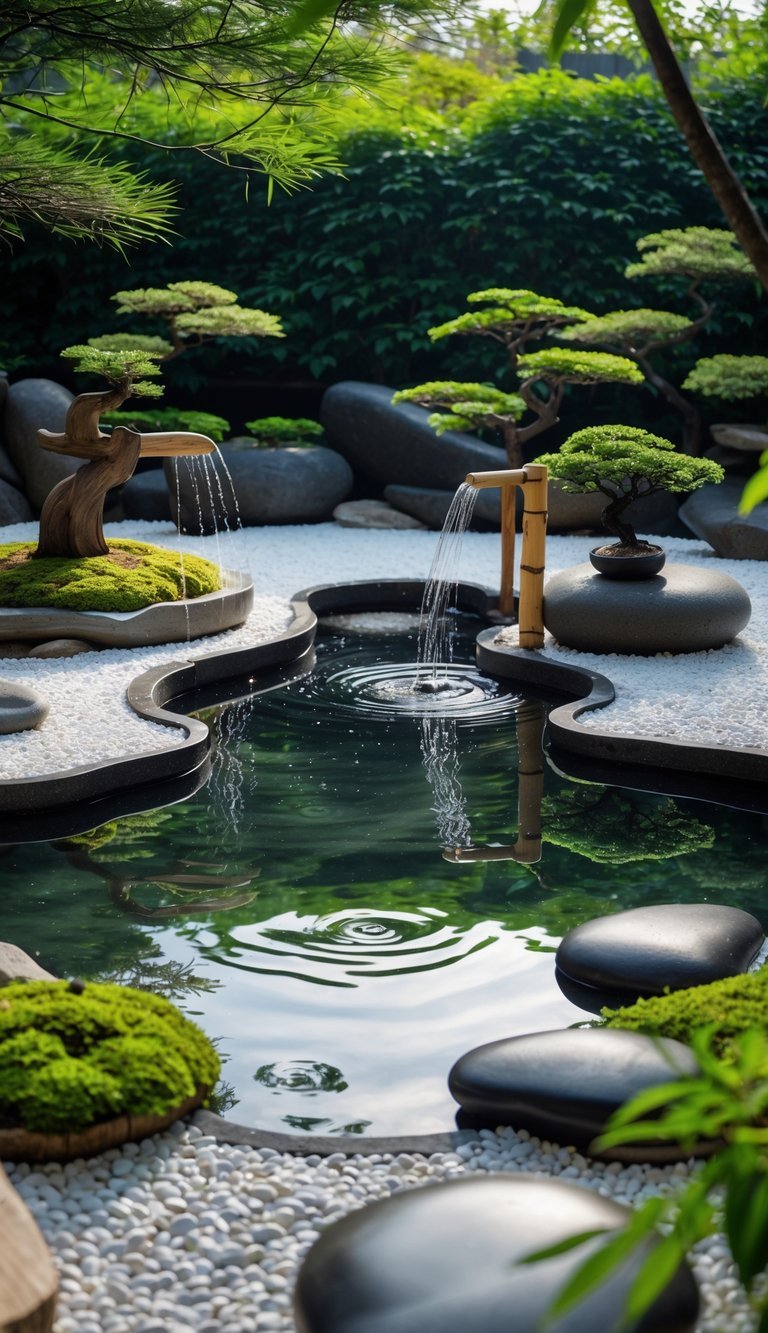 Water Garden Ideas: 12 Stunning Designs to Transform Your Outdoor Space in the US 6 A tranquil Zen water garden with a clear pond, stones, bonsai trees, bamboo water spouts, and lush greenery.