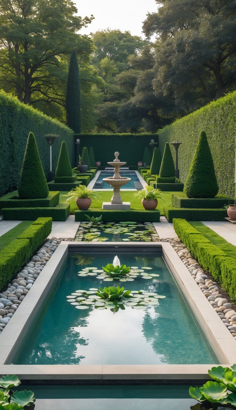 Water Garden Ideas: 12 Stunning Designs to Transform Your Outdoor Space in the US 7 A formal pool garden with a rectangular swimming pool surrounded by trimmed hedges, stone pathways, aquatic plants, and a small decorative fountain.