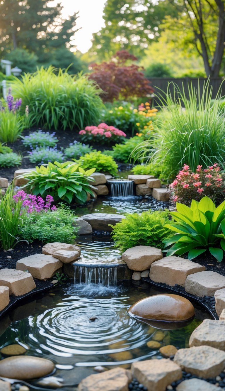 Water Garden Ideas: 12 Stunning Designs to Transform Your Outdoor Space in the US 8 A rain garden with a clear pond, flowing water features, green plants, colorful flowers, and natural stone edging in a garden setting.