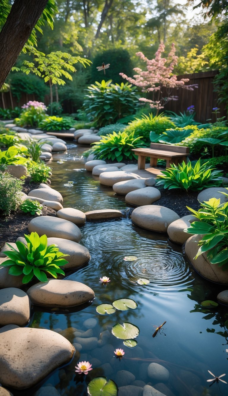 Water Garden Ideas: 12 Stunning Designs to Transform Your Outdoor Space in the US 9 A peaceful backyard streamside water garden with flowing water, rocks, green plants, and a wooden bench under trees.
