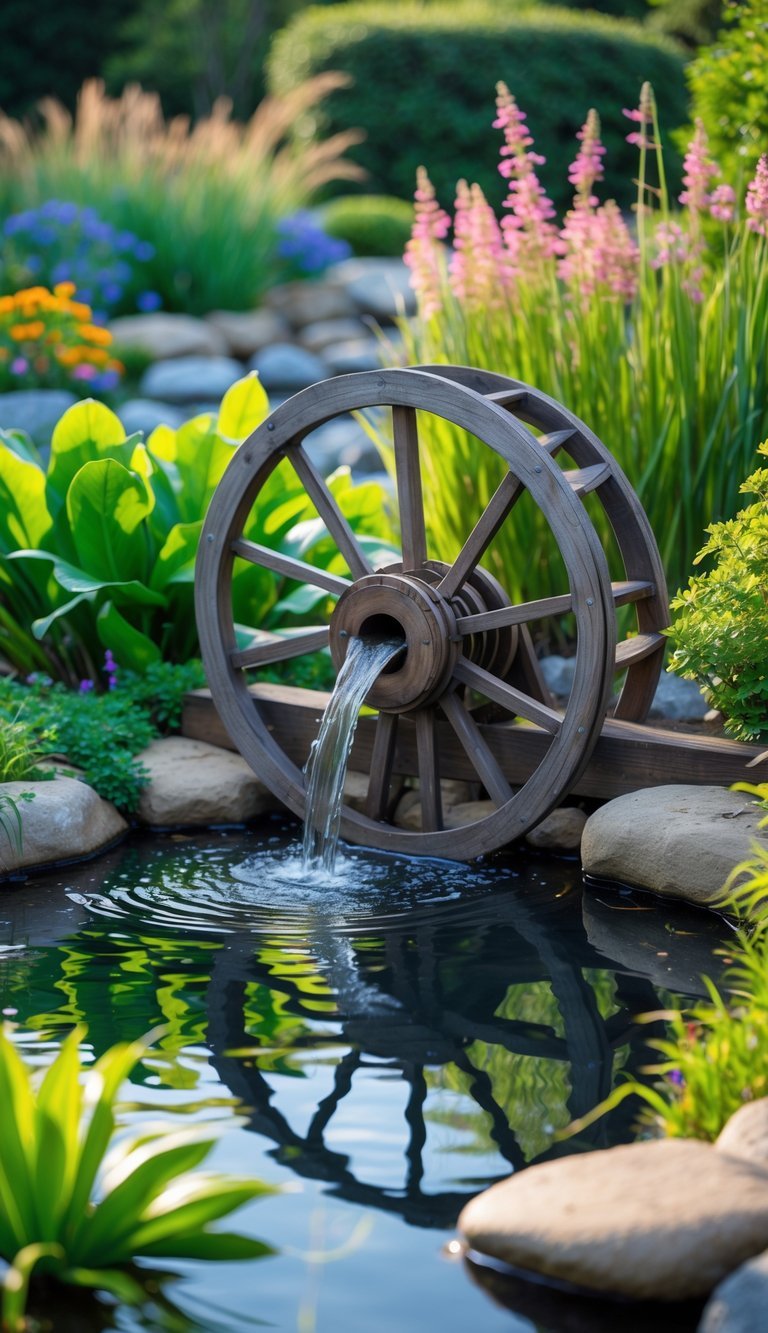 Water Garden Ideas: 12 Stunning Designs to Transform Your Outdoor Space in the US 11 A wooden waterwheel turning beside a clear pond surrounded by green plants and flowers in a garden.