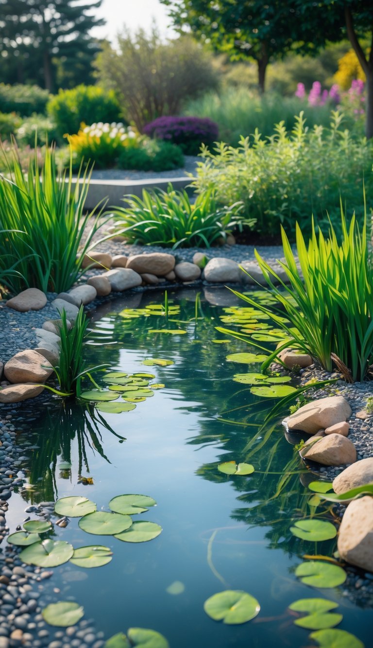 Water Garden Ideas: 12 Stunning Designs to Transform Your Outdoor Space in the US 12 A clear pond surrounded by aquatic plants, stones, and greenery in a peaceful water garden.