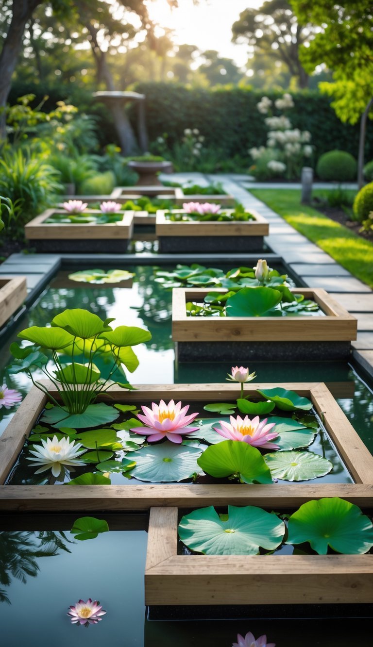 Water Garden Ideas: 12 Stunning Designs to Transform Your Outdoor Space in the US 13 Outdoor garden with raised water planters filled with aquatic plants and surrounded by greenery.