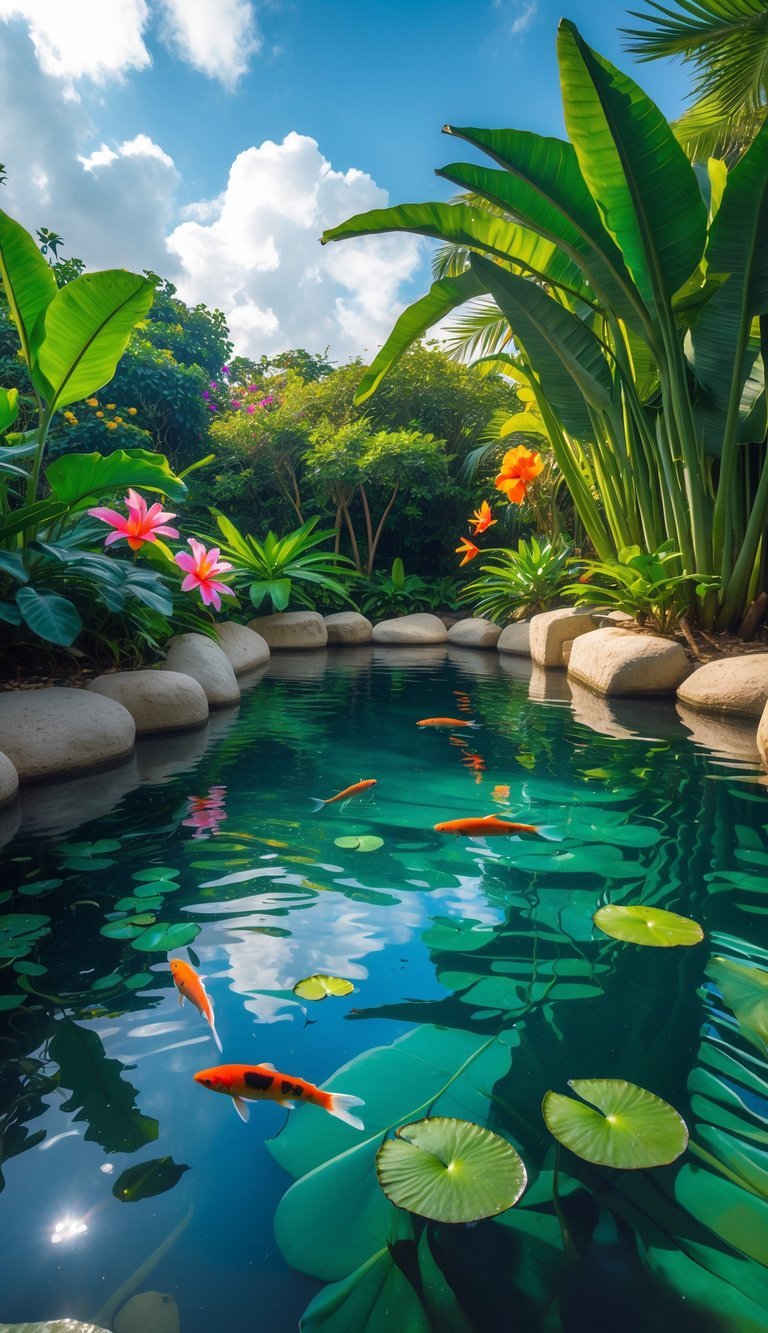 Water Garden Ideas: 12 Stunning Designs to Transform Your Outdoor Space in the US 14 A clear pond surrounded by tropical plants, palm leaves, colorful flowers, and stones with koi fish swimming and water lilies floating on the surface.