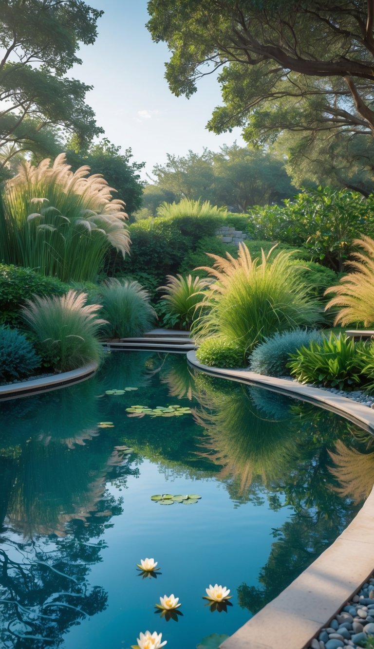 Water Garden Ideas: 12 Stunning Designs to Transform Your Outdoor Space in the US 16 A reflecting pool surrounded by lush plants and stone pathways in a peaceful garden setting.