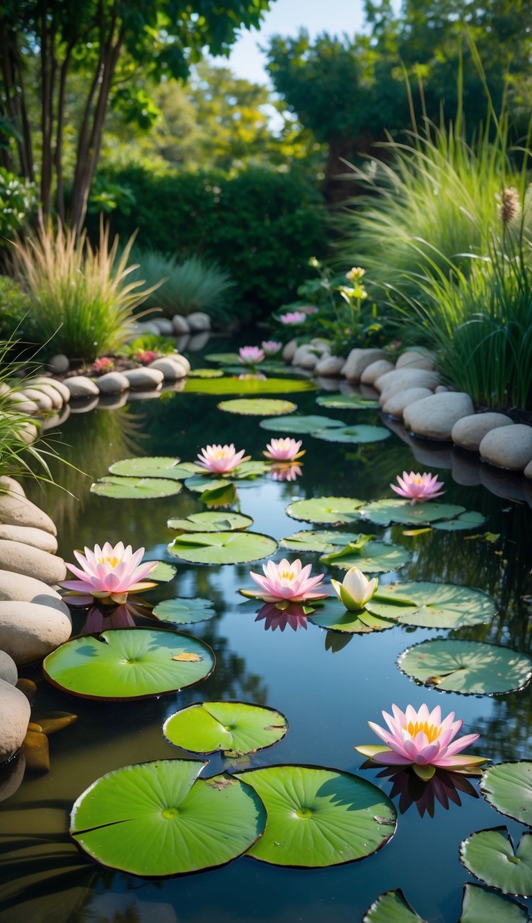 Water Garden Ideas: 12 Stunning Designs to Transform Your Outdoor Space in the US 17 A peaceful water lily pond with green lily pads and blooming pink and white flowers surrounded by plants and stones.