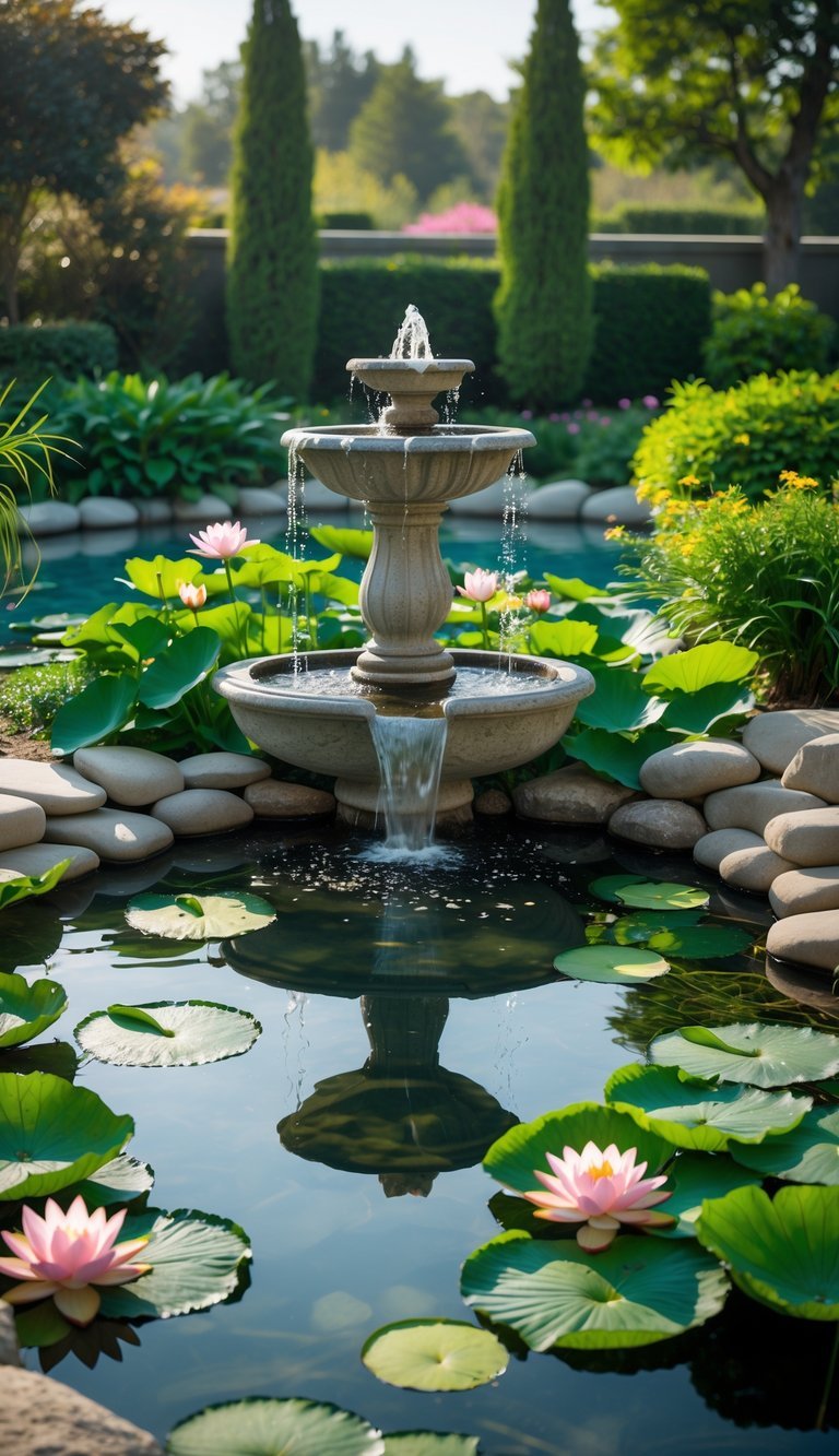 Water Garden Ideas: 12 Stunning Designs to Transform Your Outdoor Space in the US 18 A peaceful water garden with a stone fountain in the center, surrounded by aquatic plants, flowers, and greenery.