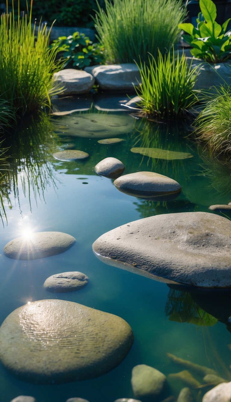 Water Garden Ideas: 12 Stunning Designs to Transform Your Outdoor Space in the US 19 A clear pond with submerged rocks and green plants around the edges.