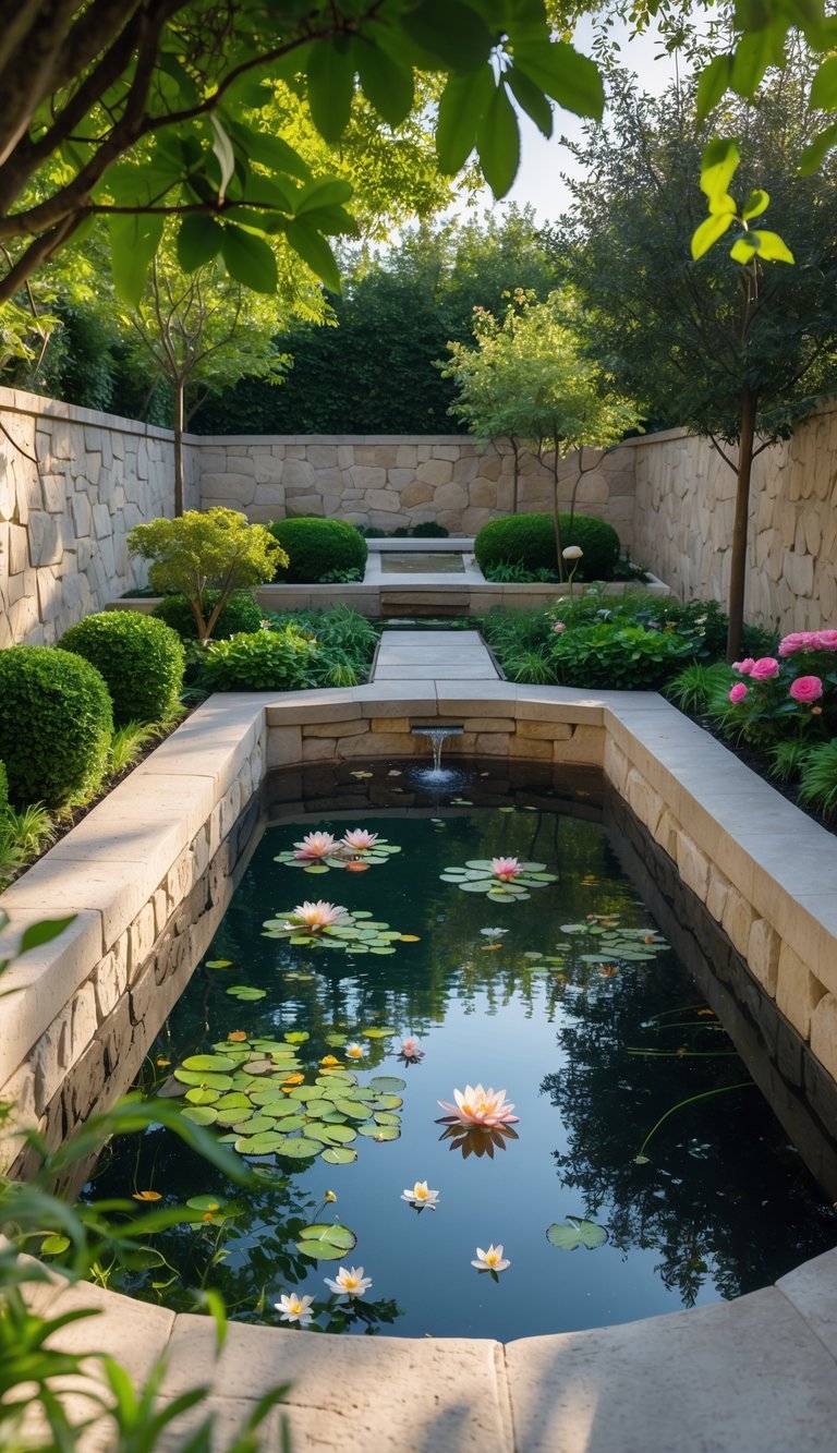 Water Garden Ideas: 12 Stunning Designs to Transform Your Outdoor Space in the US 20 A sunken garden with a clear pond surrounded by stone walls, plants, and flowers.