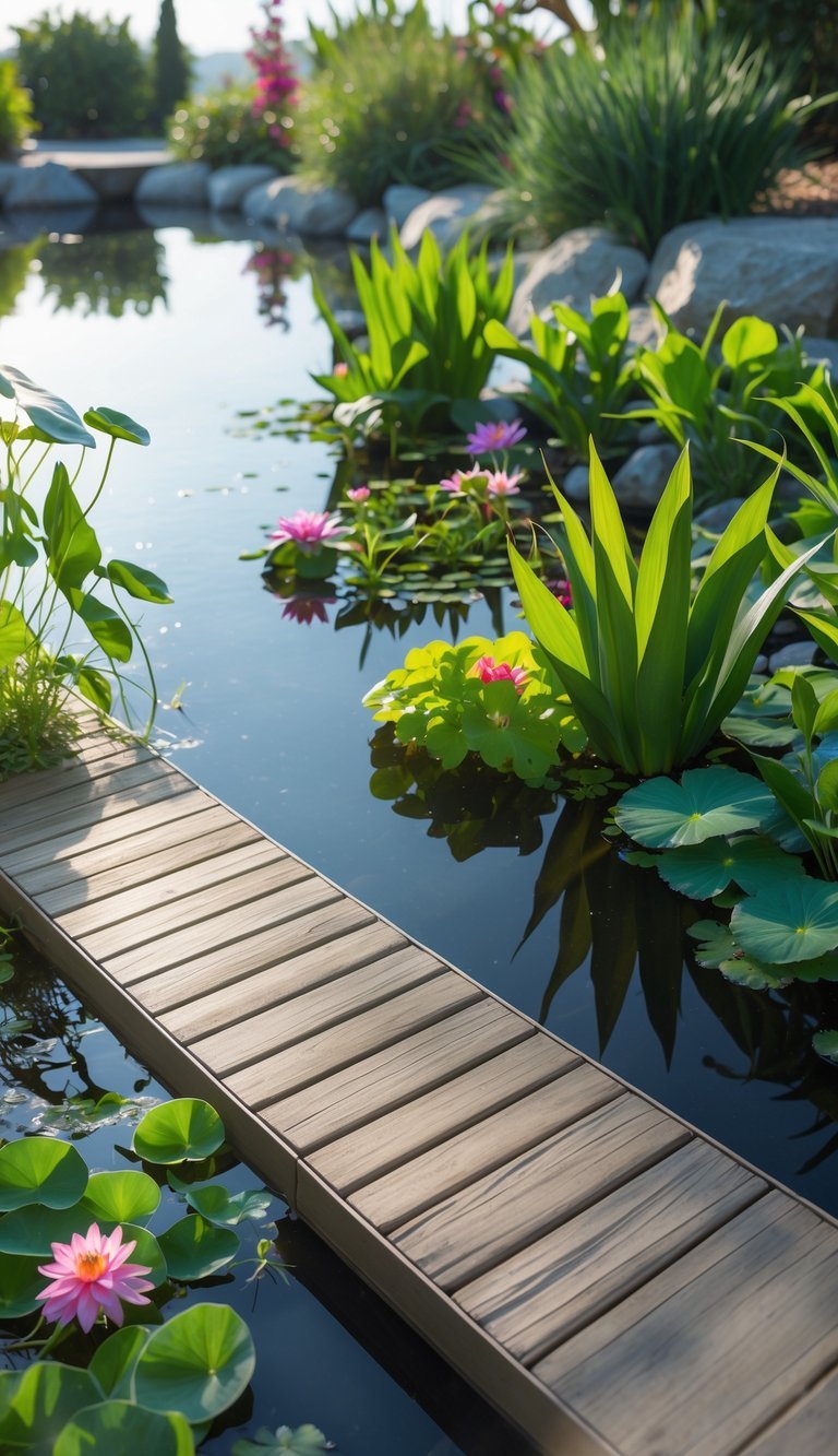Water Garden Ideas: 12 Stunning Designs to Transform Your Outdoor Space in the US 21 A calm pond with a wooden floating deck surrounded by green water plants and colorful flowers.