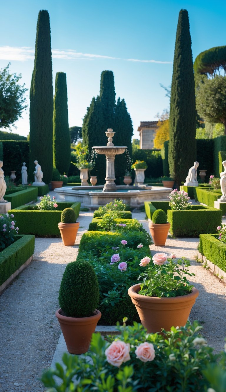 A tranquil garden with stone pathways, trimmed hedges, flowering plants, a stone fountain, tall trees, and marble statues under a clear sky.