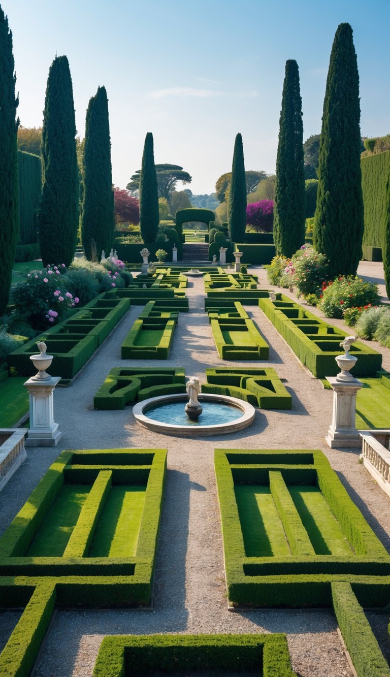 A neatly arranged garden with trimmed hedges, stone fountains, statues, and tall trees under a clear sky.