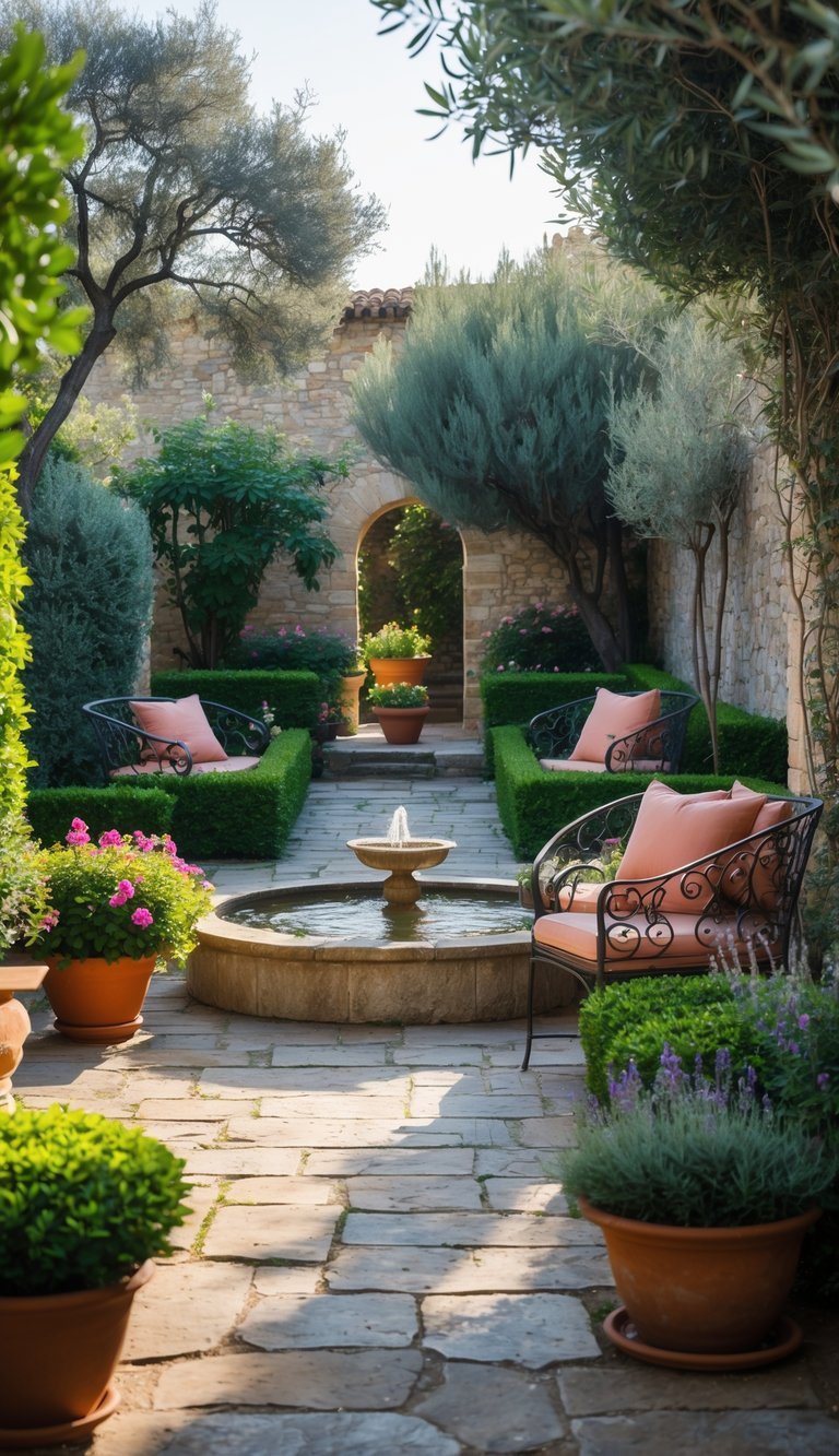 A peaceful courtyard garden with stone pathways, a central fountain, terracotta pots with plants, and wrought iron furniture surrounded by greenery and flowers.