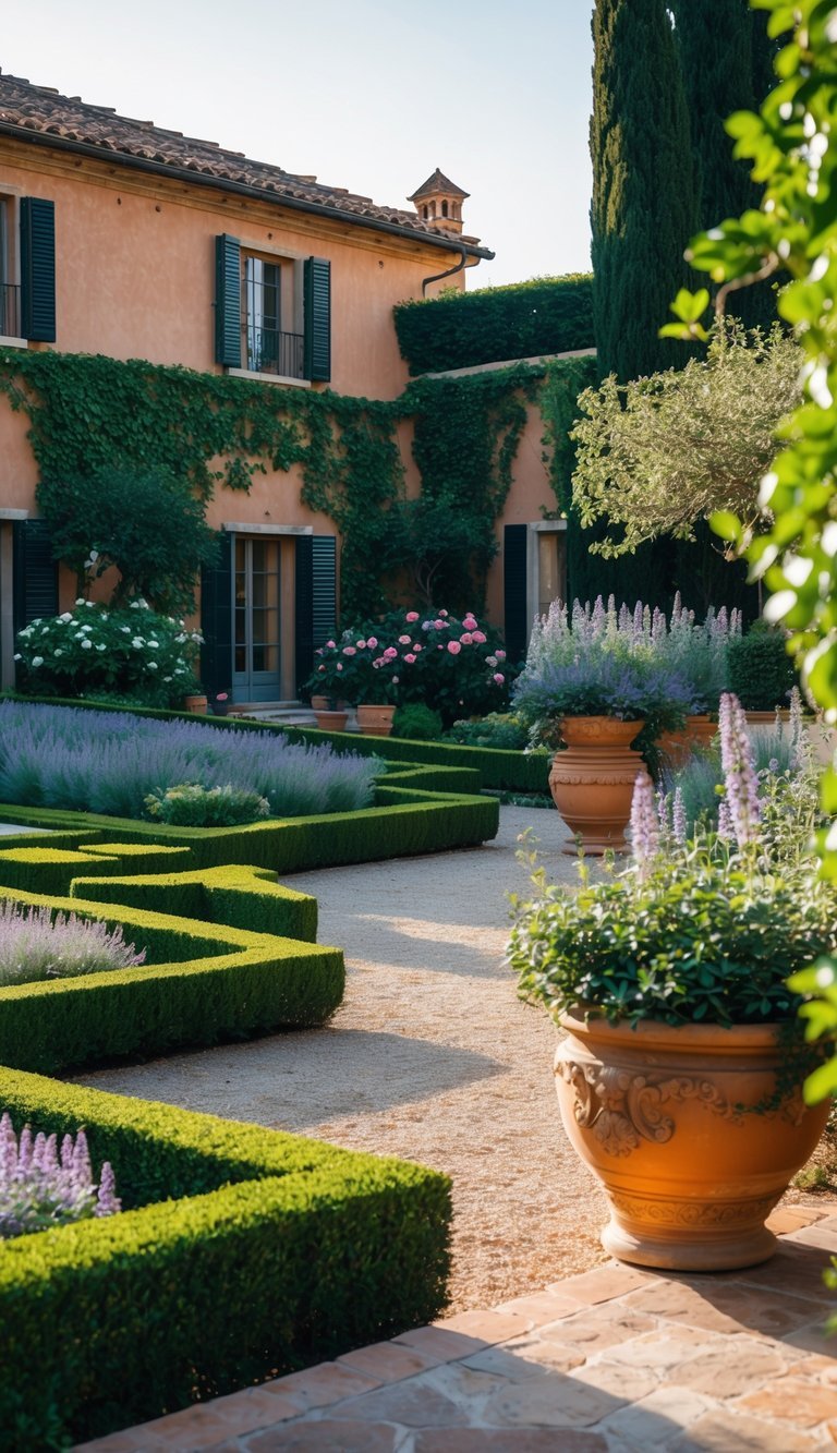 A beautifully maintained garden with trimmed hedges, colorful flowers, stone pathways, and a traditional villa in the background under natural sunlight.