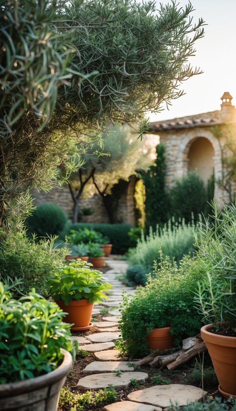 A sunlit garden with various green herbs, stone pathways, terracotta pots, and a stone wall with climbing vines.