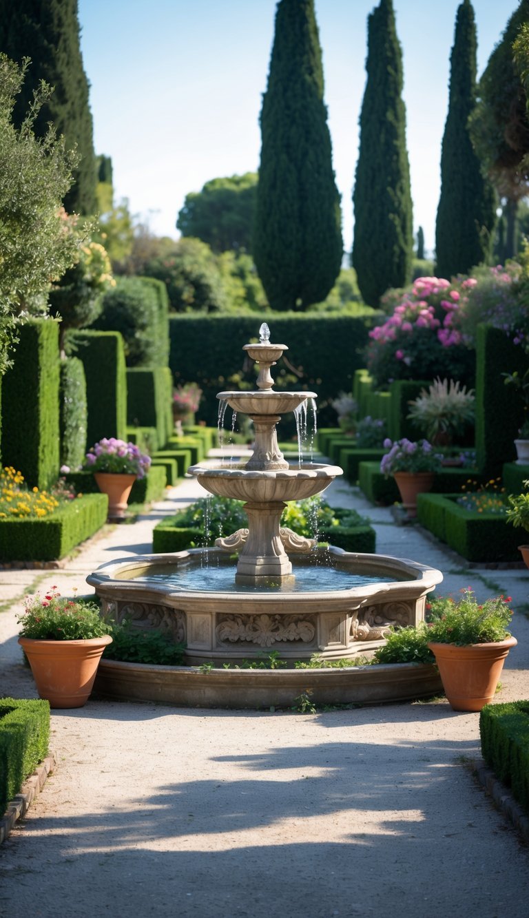 Stone fountain surrounded by trimmed hedges, flowering plants, and tall trees in a peaceful garden.
