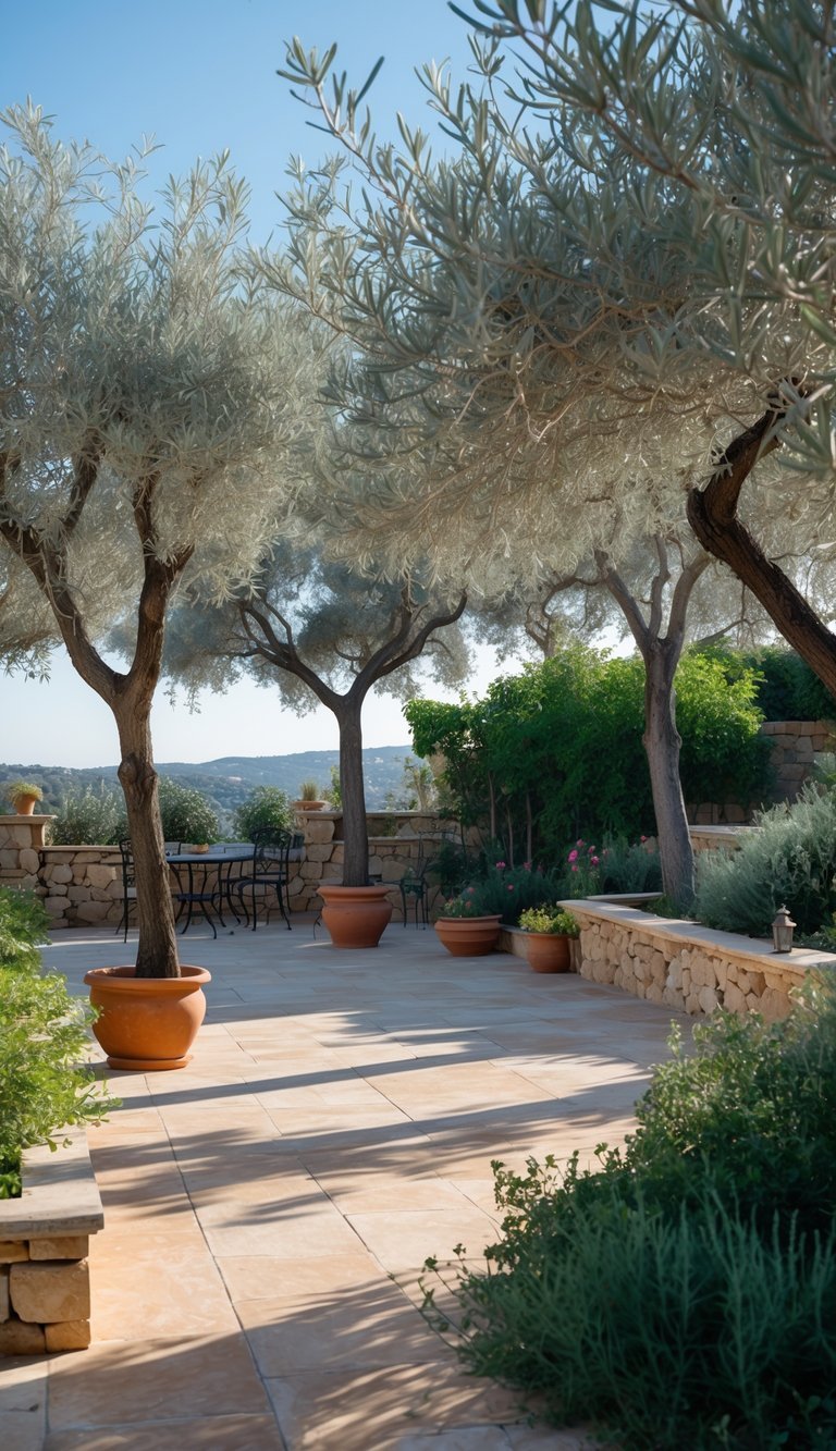 Terrace garden with olive trees, stone paving, and greenery under a clear blue sky.