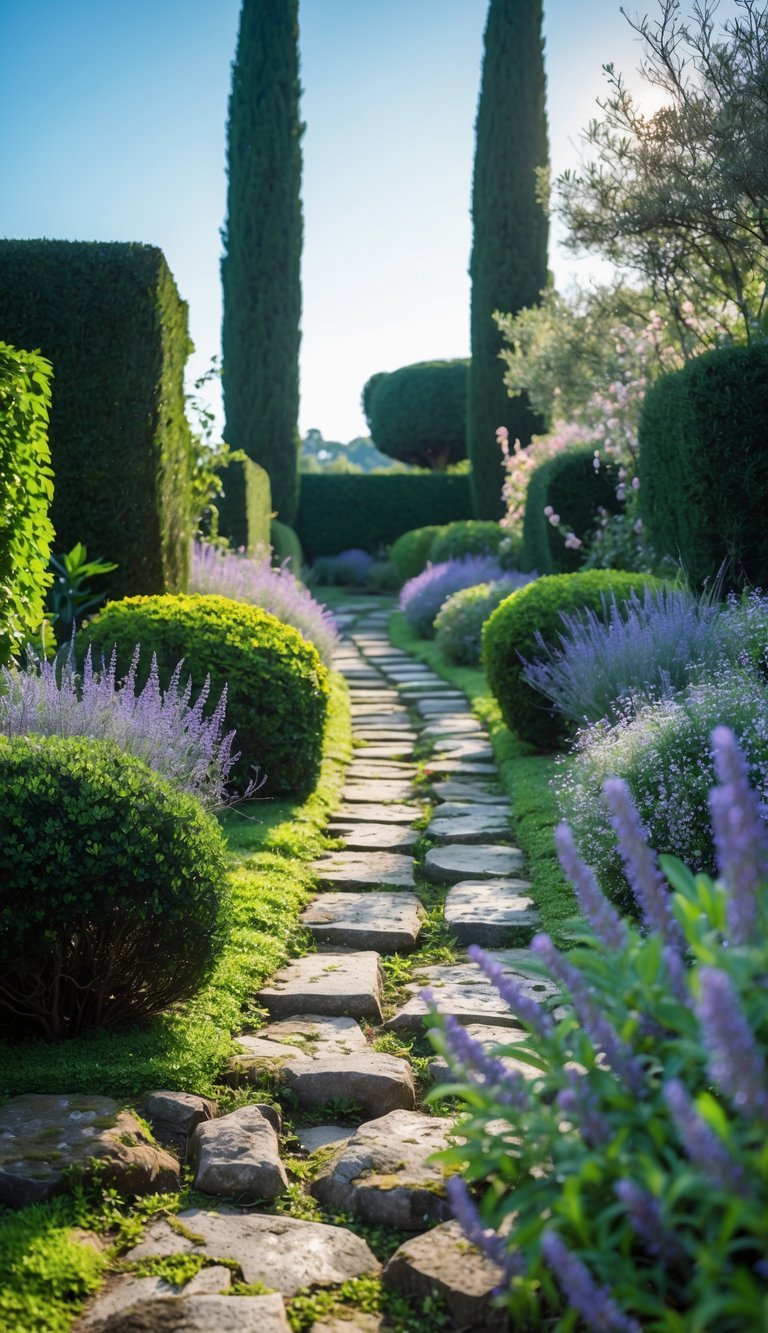 A stone path winding through a garden with green shrubs, flowering plants, and tall trees under a clear sky.
