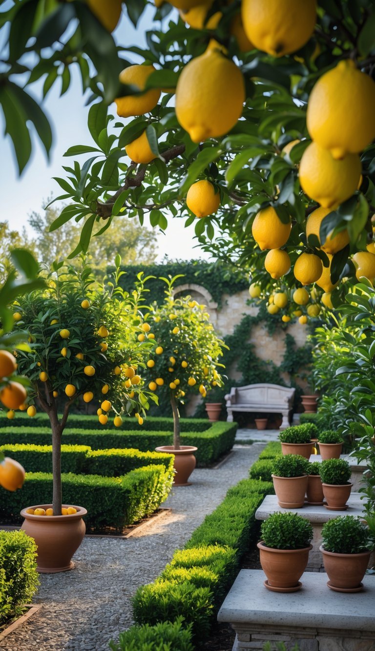 A lemon and citrus orchard garden with rows of fruit trees, gravel paths, and stone benches surrounded by green foliage.