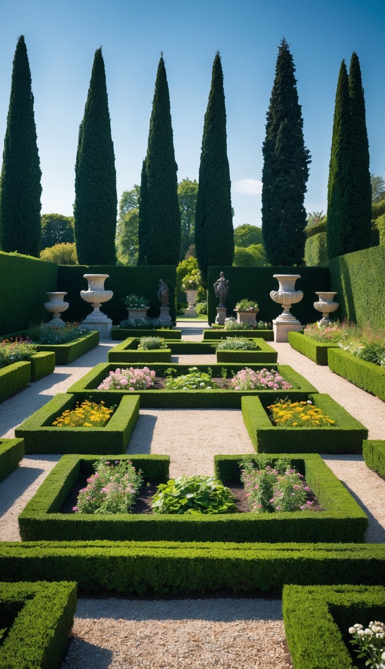 A neatly trimmed boxwood parterre garden with geometric patterns, gravel paths, stone urns, and statues surrounded by tall trees under a clear sky.