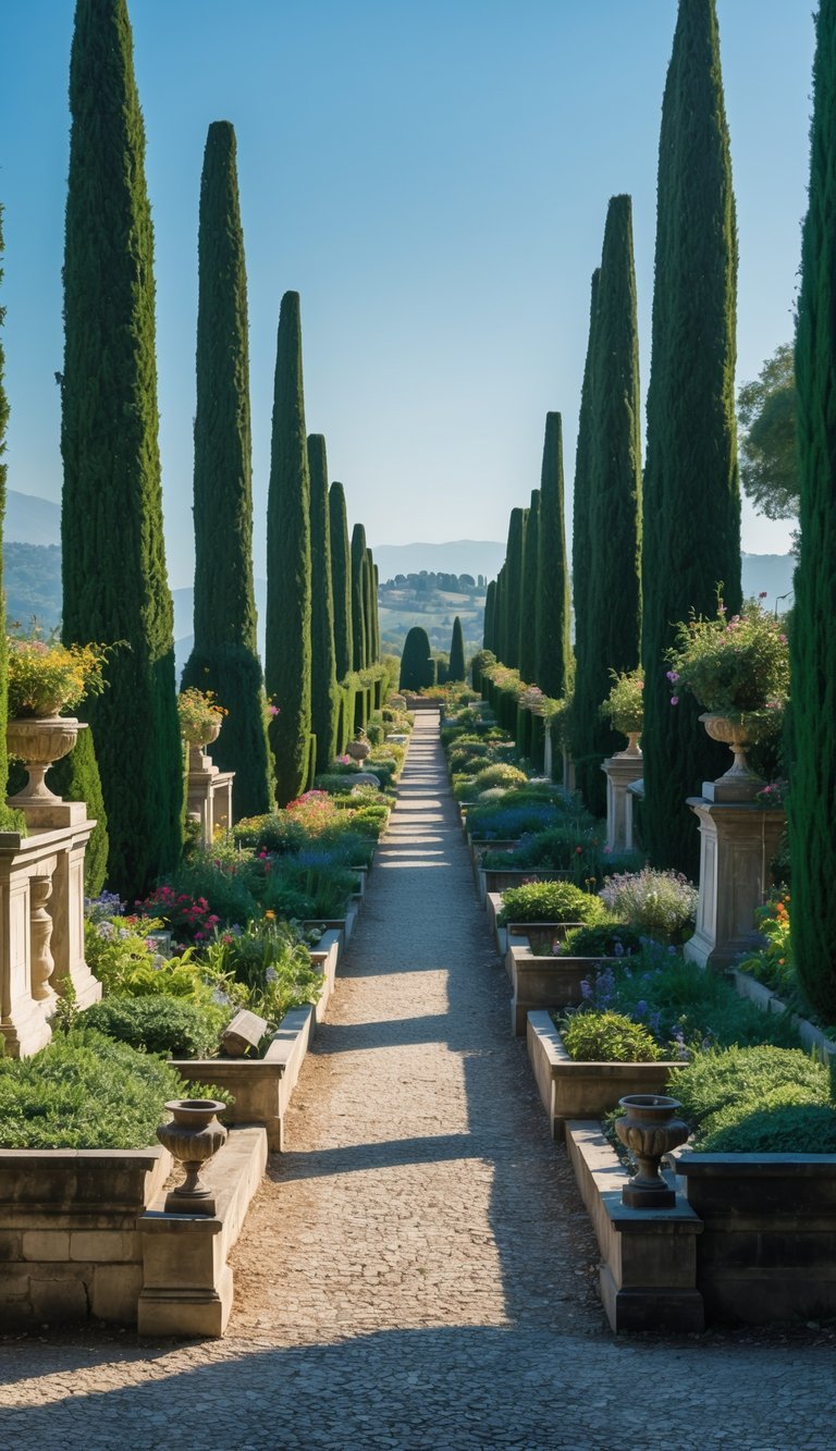 A long garden pathway lined with tall cypress trees and surrounded by green plants and stone elements under a clear sky.