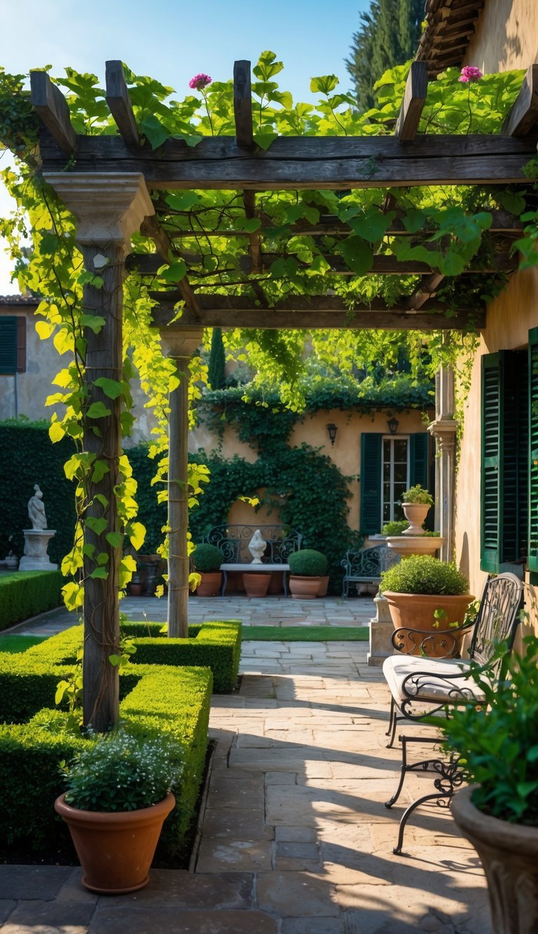 A pergola covered with green vines in a garden with stone pathways, plants, and a traditional building in the background.